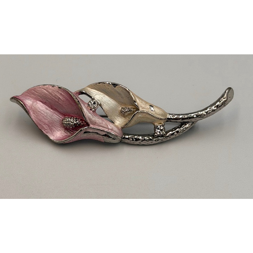 Vintage Enamel Calla Lily Brooch – Pink & Pearl White Floral Rhinestone Pin 2263